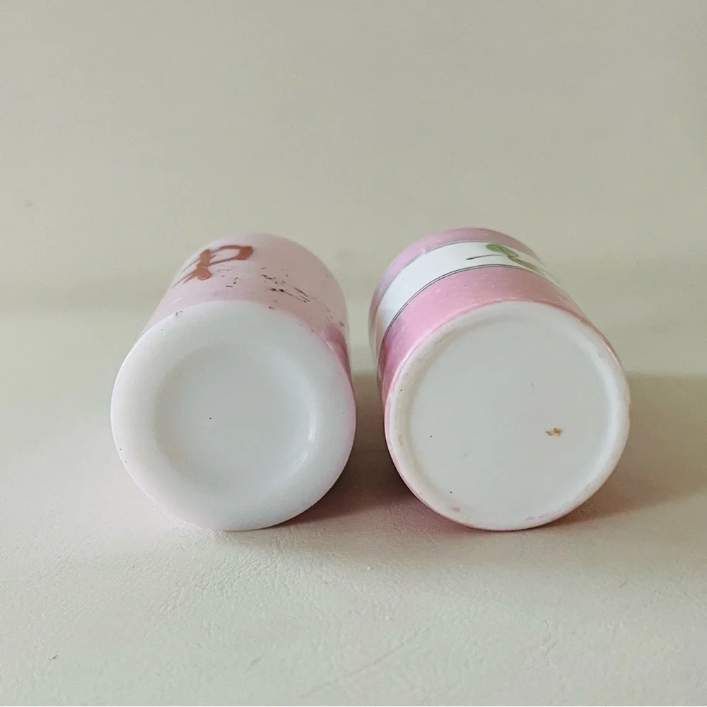 Vintage Hand Patient Milk Glass Pink Floral Glass Salt and Pepper Shakers Set